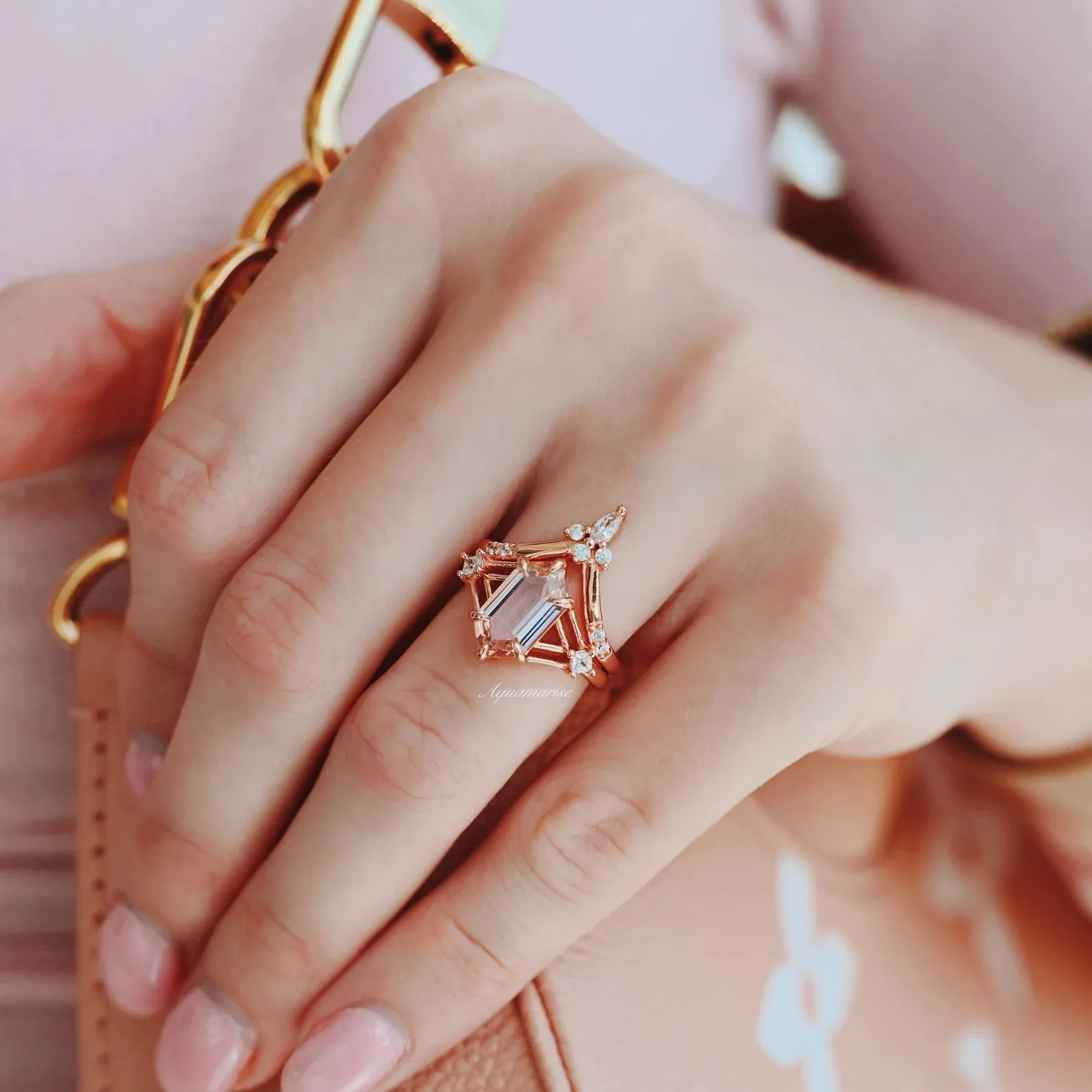 Celtic Hexagon Morganite Couples Ring