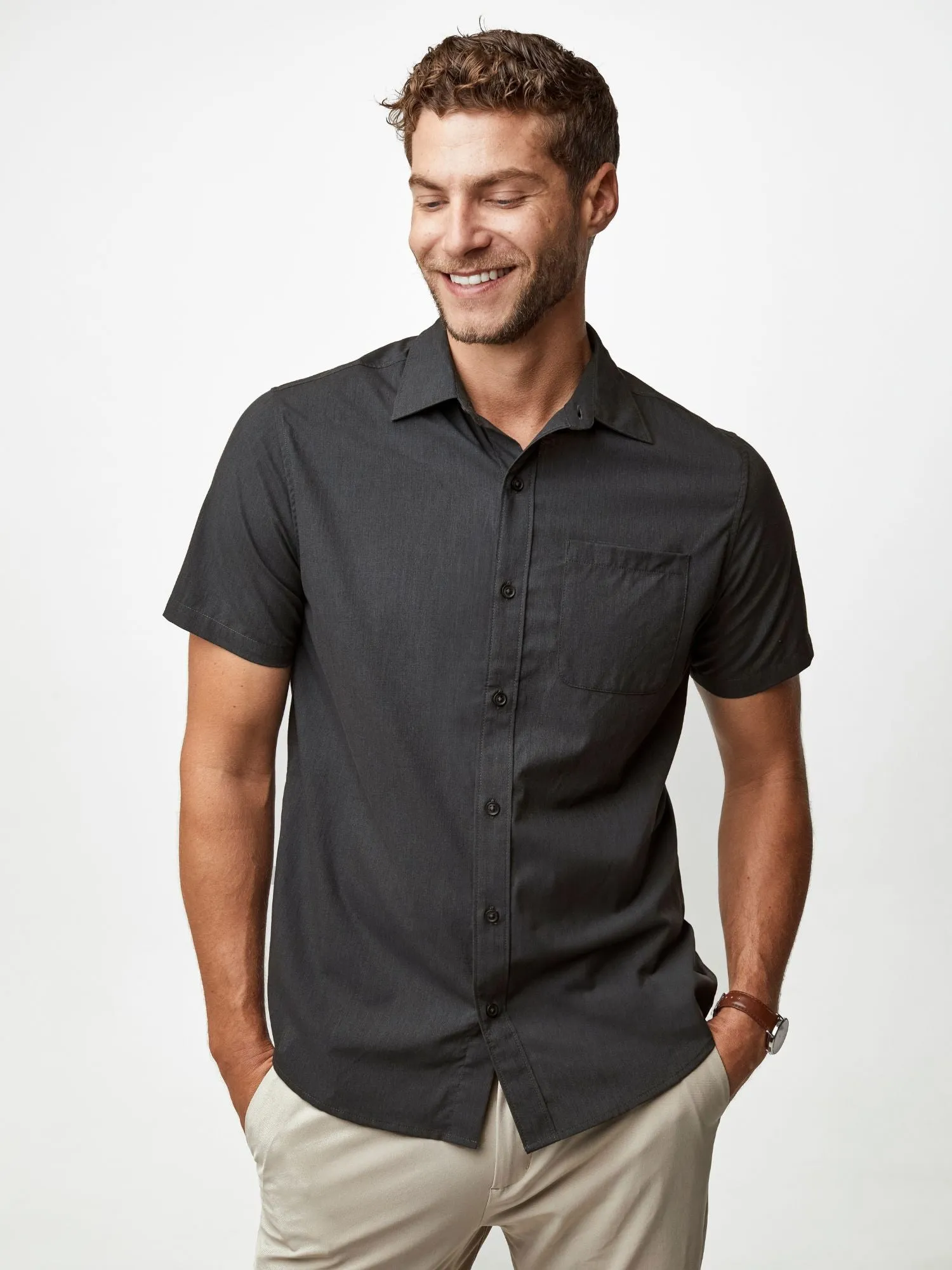 Charcoal Short Sleeve Stretch Button Up