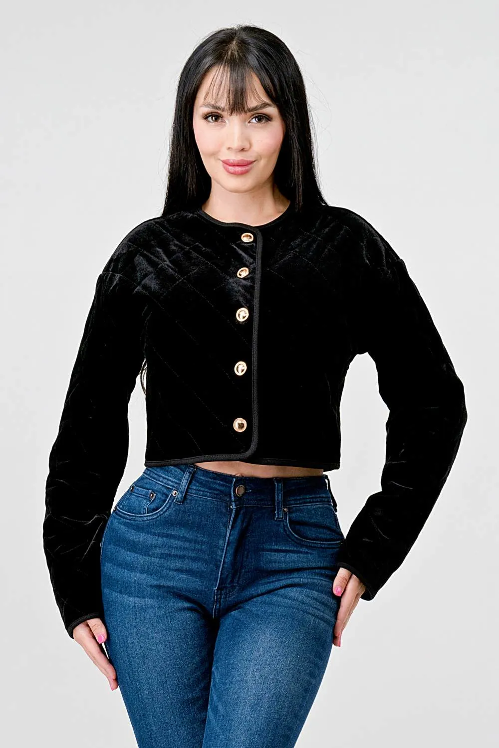 CLASSY VELVET QUILTED BUTTON FRONT JACKET