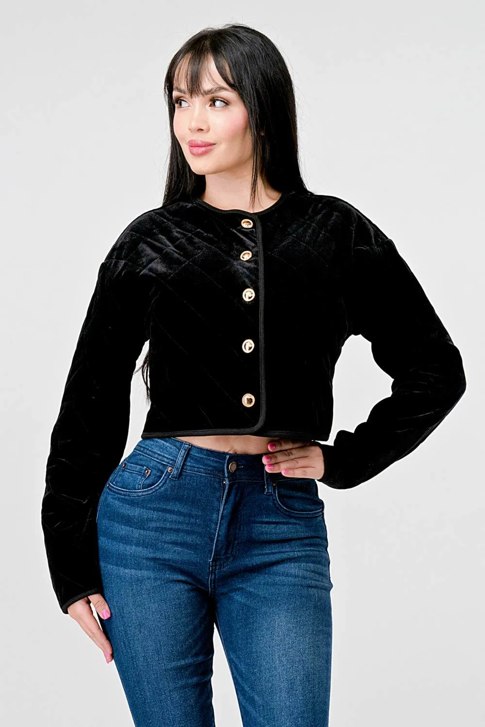 CLASSY VELVET QUILTED BUTTON FRONT JACKET