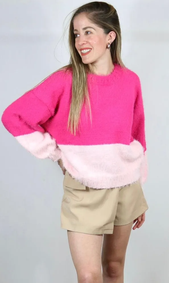 Colorblock Fuzzy Texture Rib Knit Sweater