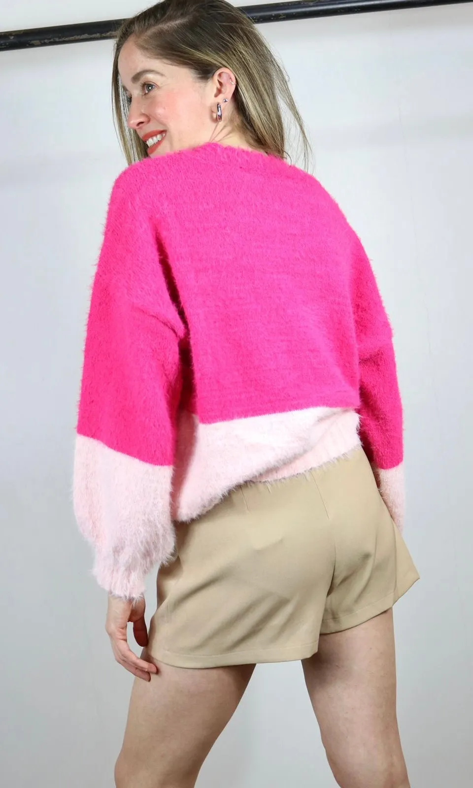 Colorblock Fuzzy Texture Rib Knit Sweater