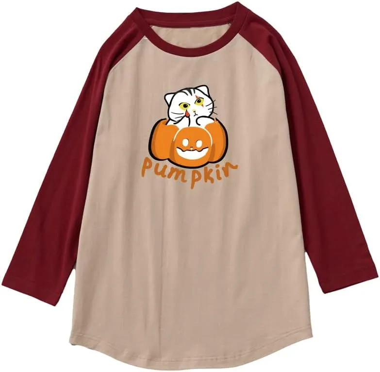 CORIRESHA Funny Cats Pumpkin T-Shirt 3/4 Raglan Sleeves Unisex Halloween Costume