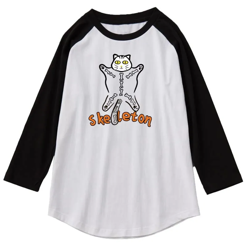 CORIRESHA Halloween Costume Funny Cats Skeleton Pattern 3/4 Raglan Sleeves Gothic T-Shirt