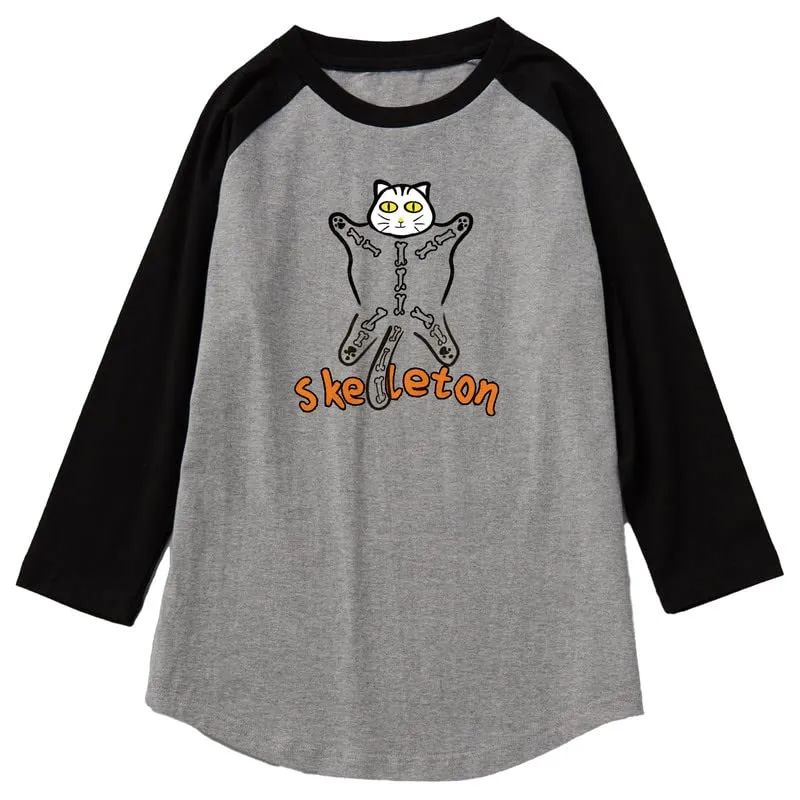 CORIRESHA Halloween Costume Funny Cats Skeleton Pattern 3/4 Raglan Sleeves Gothic T-Shirt