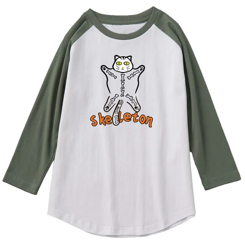 CORIRESHA Halloween Costume Funny Cats Skeleton Pattern 3/4 Raglan Sleeves Gothic T-Shirt