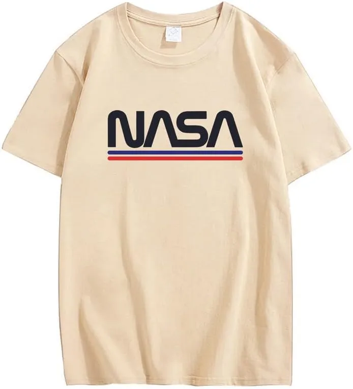 CORIRESHA Teen NASA Letter Print Casual Crew Neck Short Sleeve Basic Cotton T-Shirt