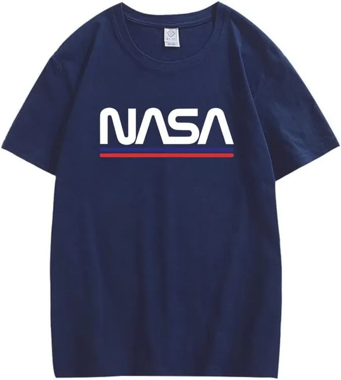 CORIRESHA Teen NASA Letter Print Casual Crew Neck Short Sleeve Basic Cotton T-Shirt