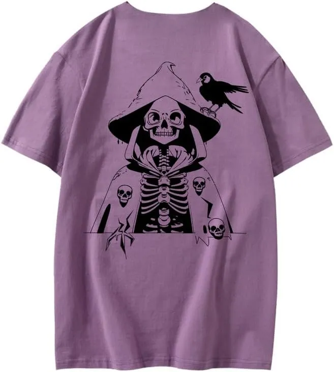 CORIRESHA Teen Skull Print T-Shirt Crewneck Short Sleeve Casual Cotton Halloween Costume