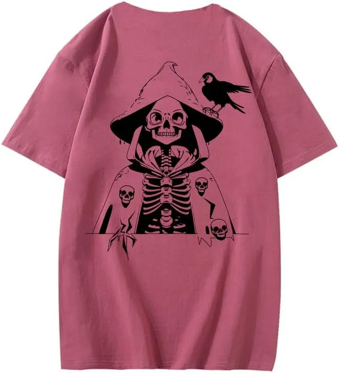 CORIRESHA Teen Skull Print T-Shirt Crewneck Short Sleeve Casual Cotton Halloween Costume