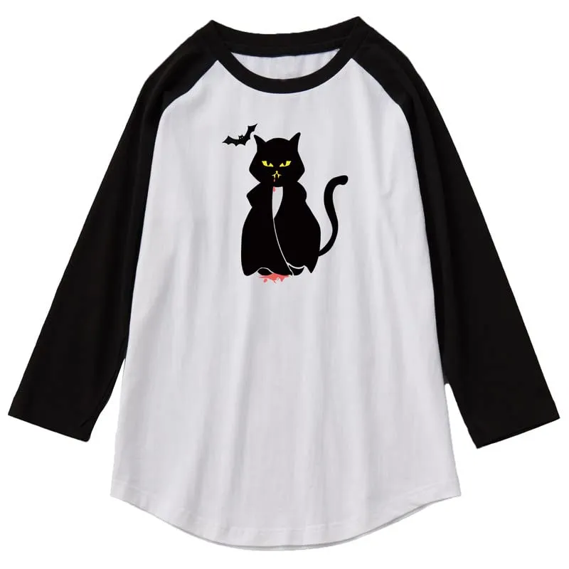 CORIRESHA Teen's Halloween Gothic T-Shirt Funny Cats Cotton Shoulder Sleeve Top