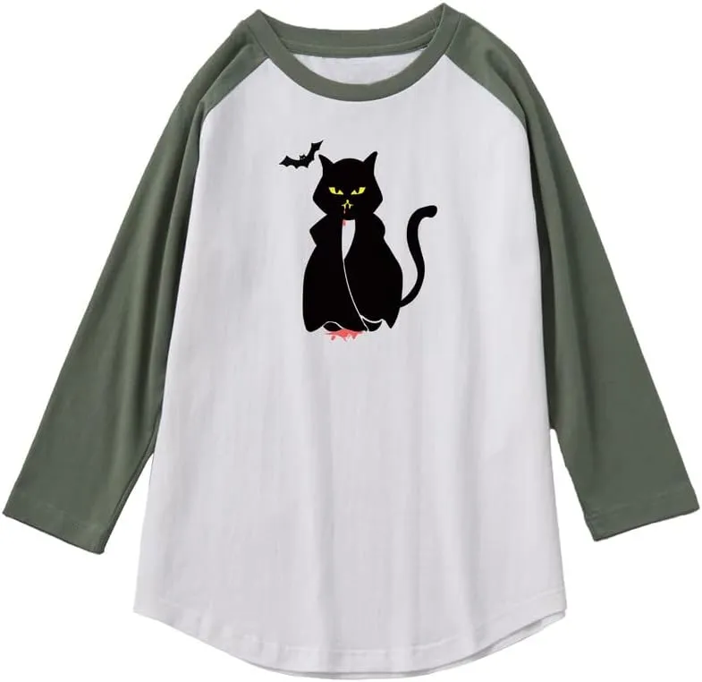 CORIRESHA Teen's Halloween Gothic T-Shirt Funny Cats Cotton Shoulder Sleeve Top