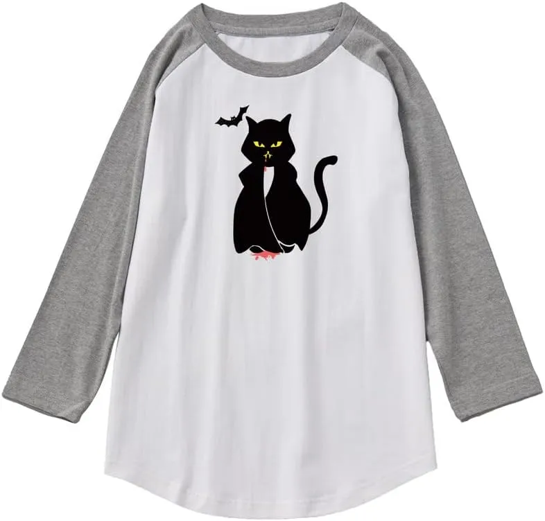 CORIRESHA Teen's Halloween Gothic T-Shirt Funny Cats Cotton Shoulder Sleeve Top