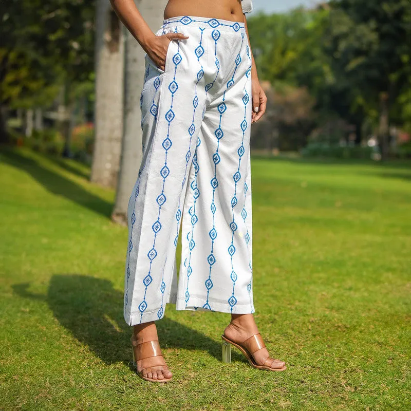 Cotton White Palazzo Pants | Handblock Printed