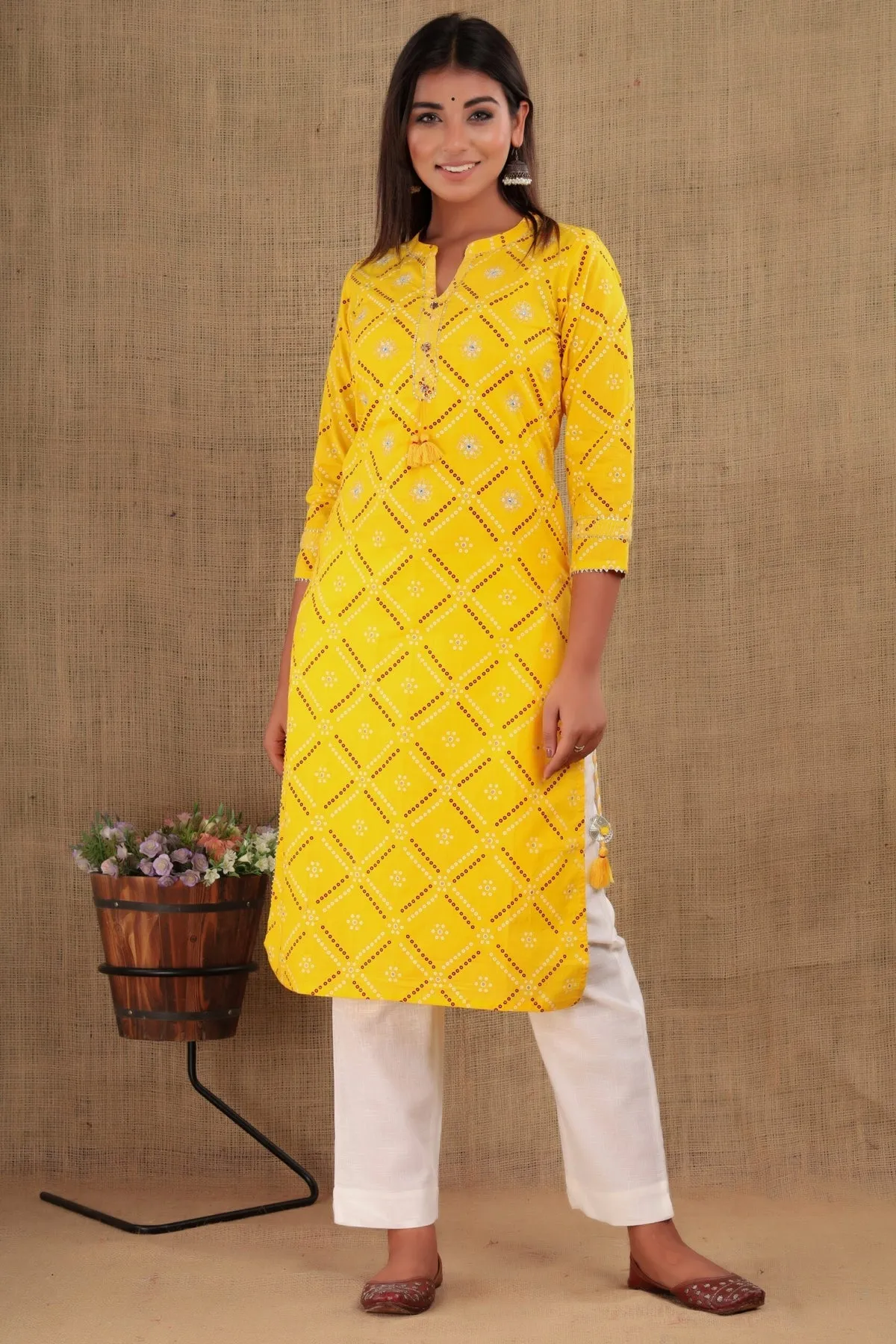 Cotton Yellow Bandhej Print & Mirror Work Kurta with White Solid Trouser Pant