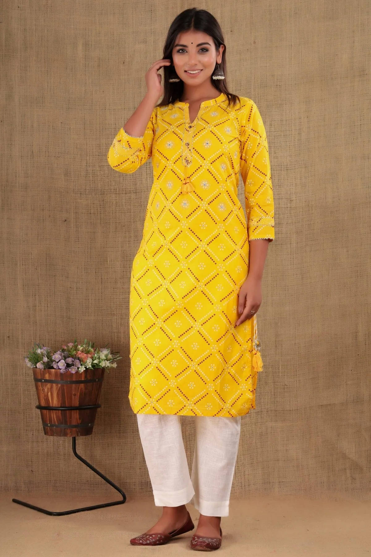 Cotton Yellow Bandhej Print & Mirror Work Kurta with White Solid Trouser Pant