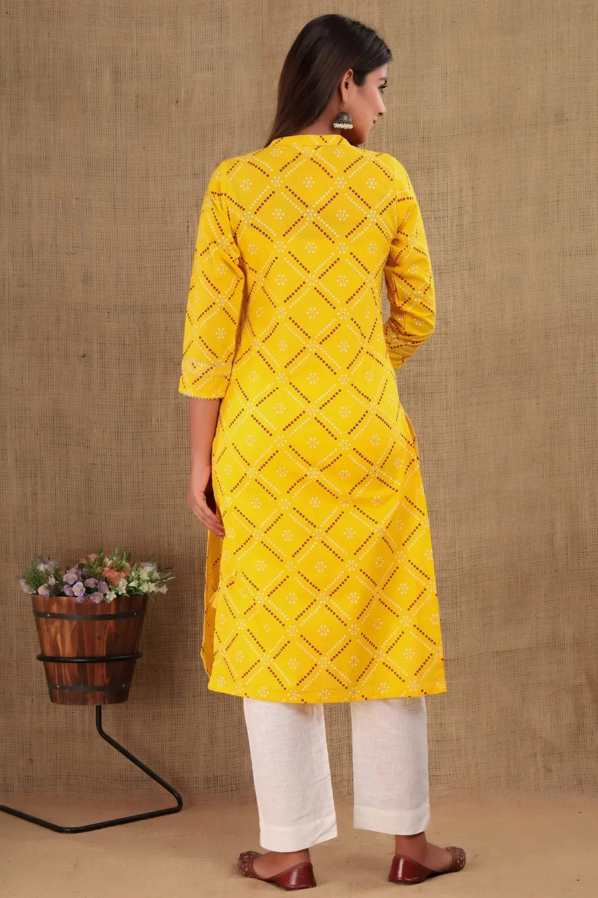 Cotton Yellow Bandhej Print & Mirror Work Kurta with White Solid Trouser Pant