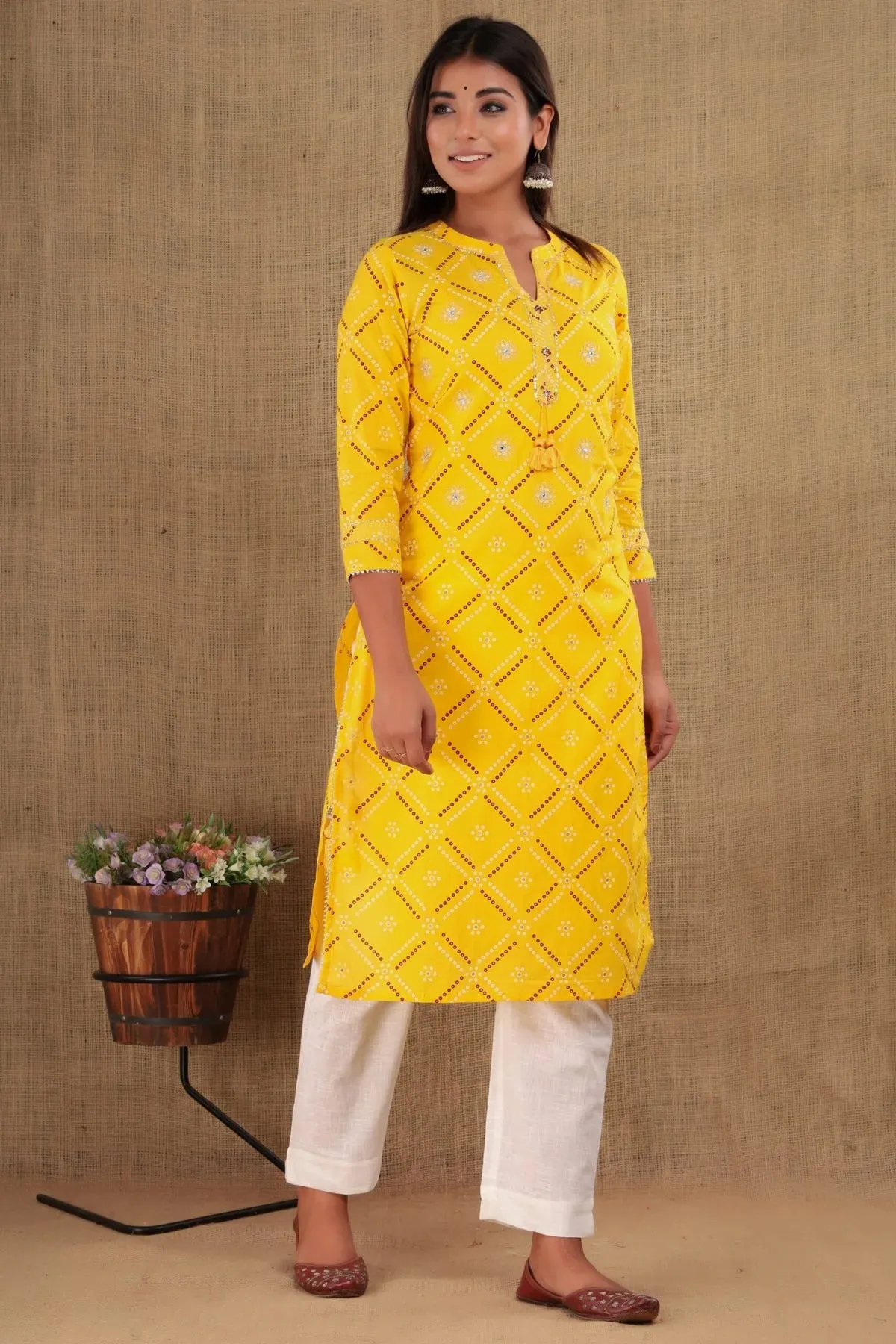 Cotton Yellow Bandhej Print & Mirror Work Kurta with White Solid Trouser Pant