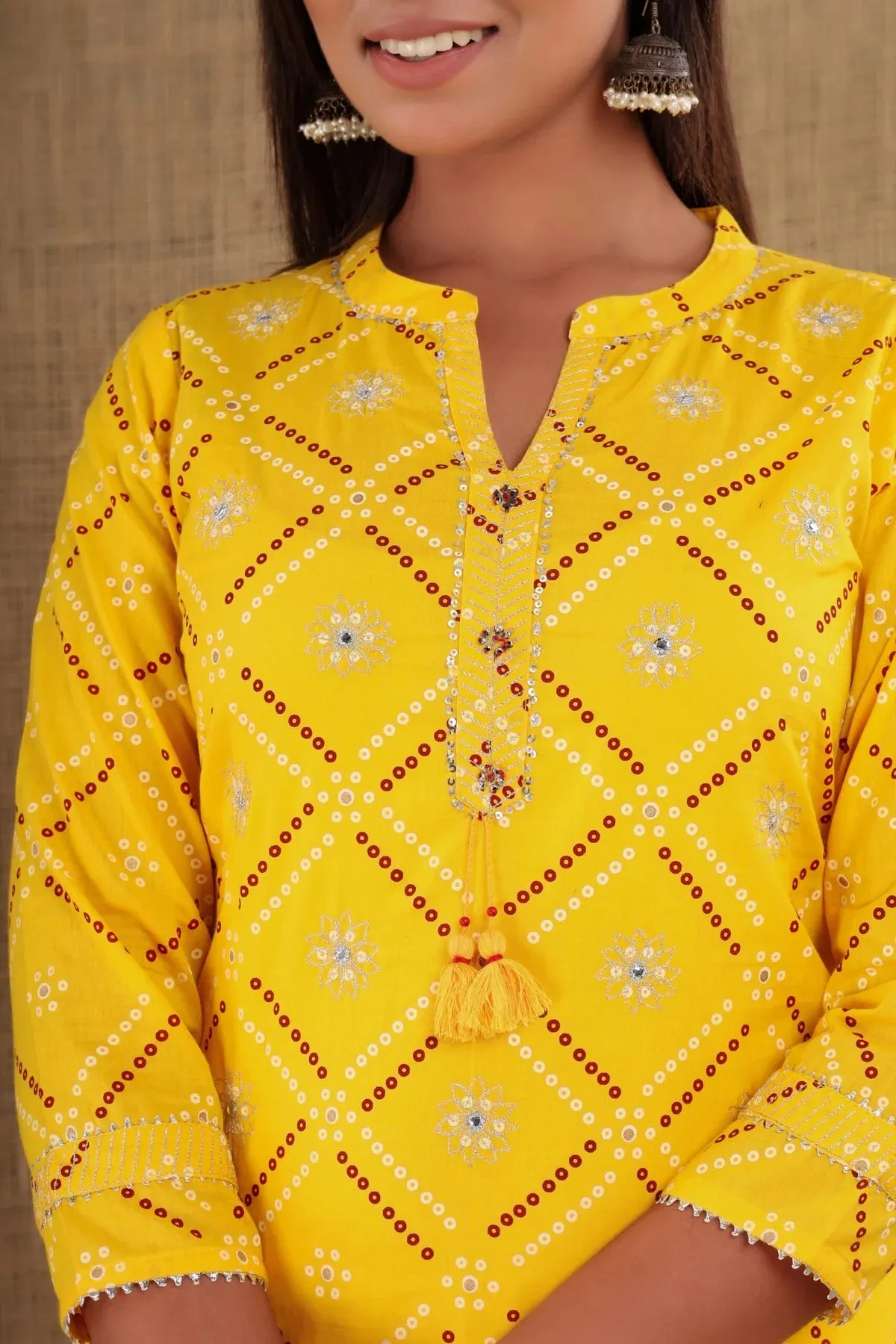 Cotton Yellow Bandhej Print & Mirror Work Kurta with White Solid Trouser Pant