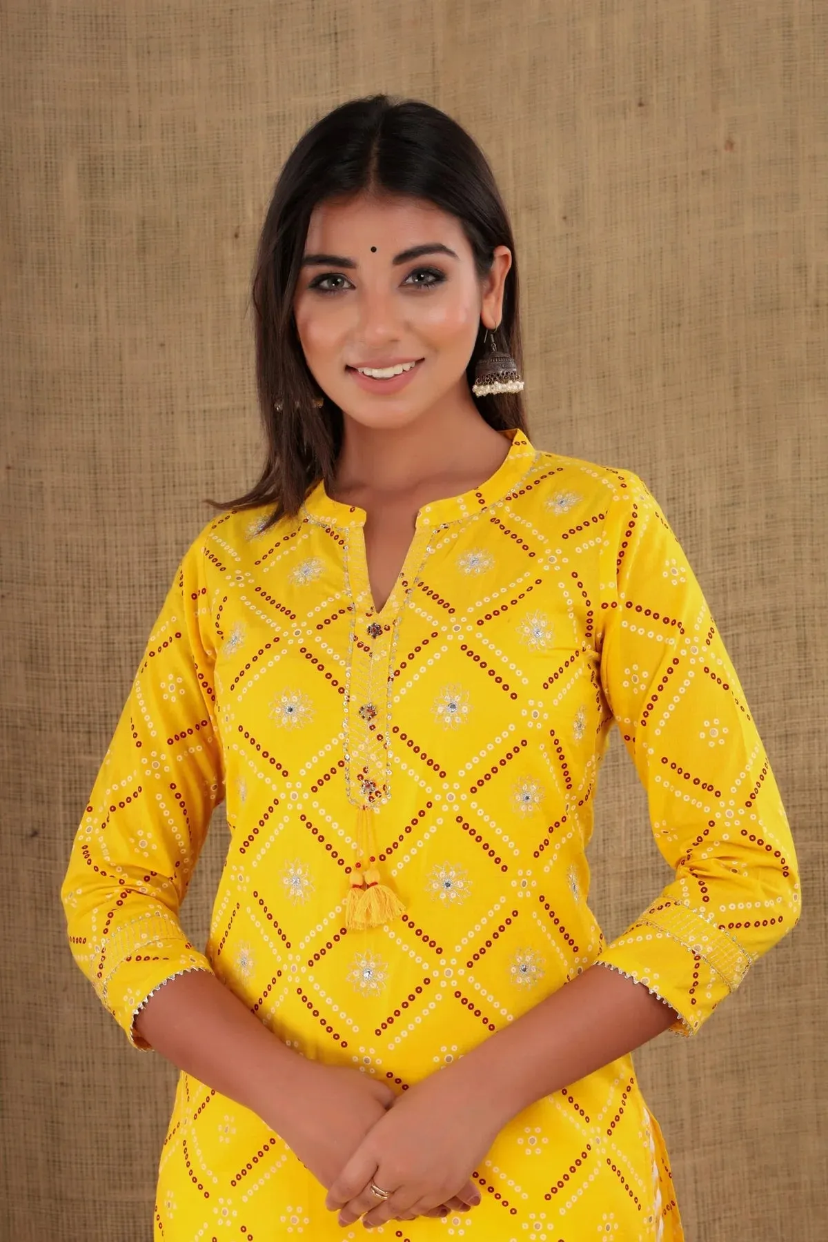 Cotton Yellow Bandhej Print & Mirror Work Kurta with White Solid Trouser Pant