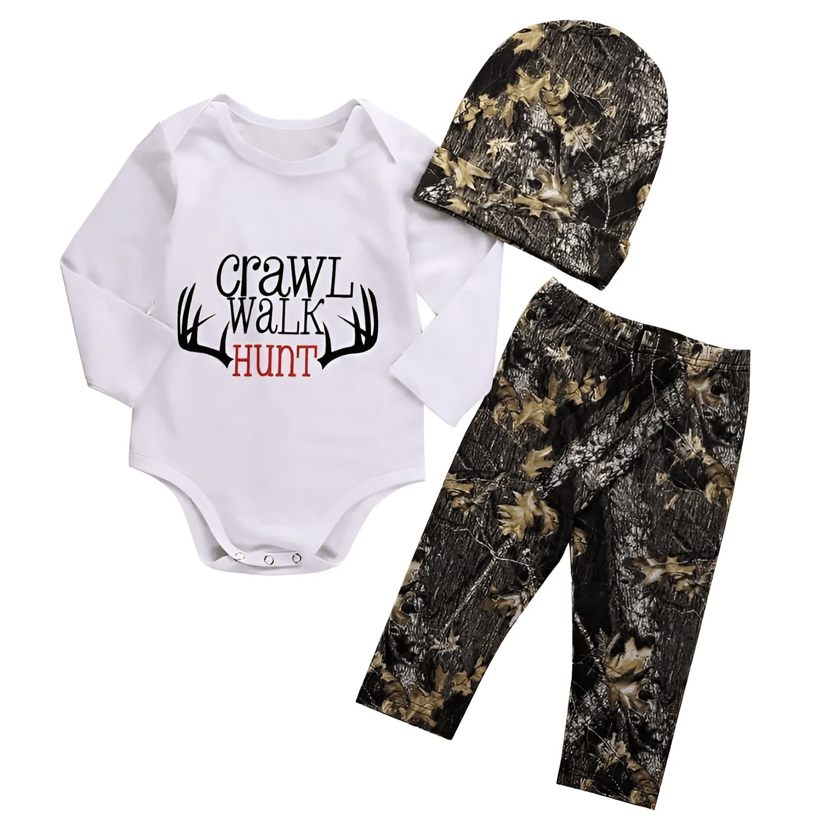 Crawl Walk Hunt Bodysuit   Leaf Pants   Hat Casual Set