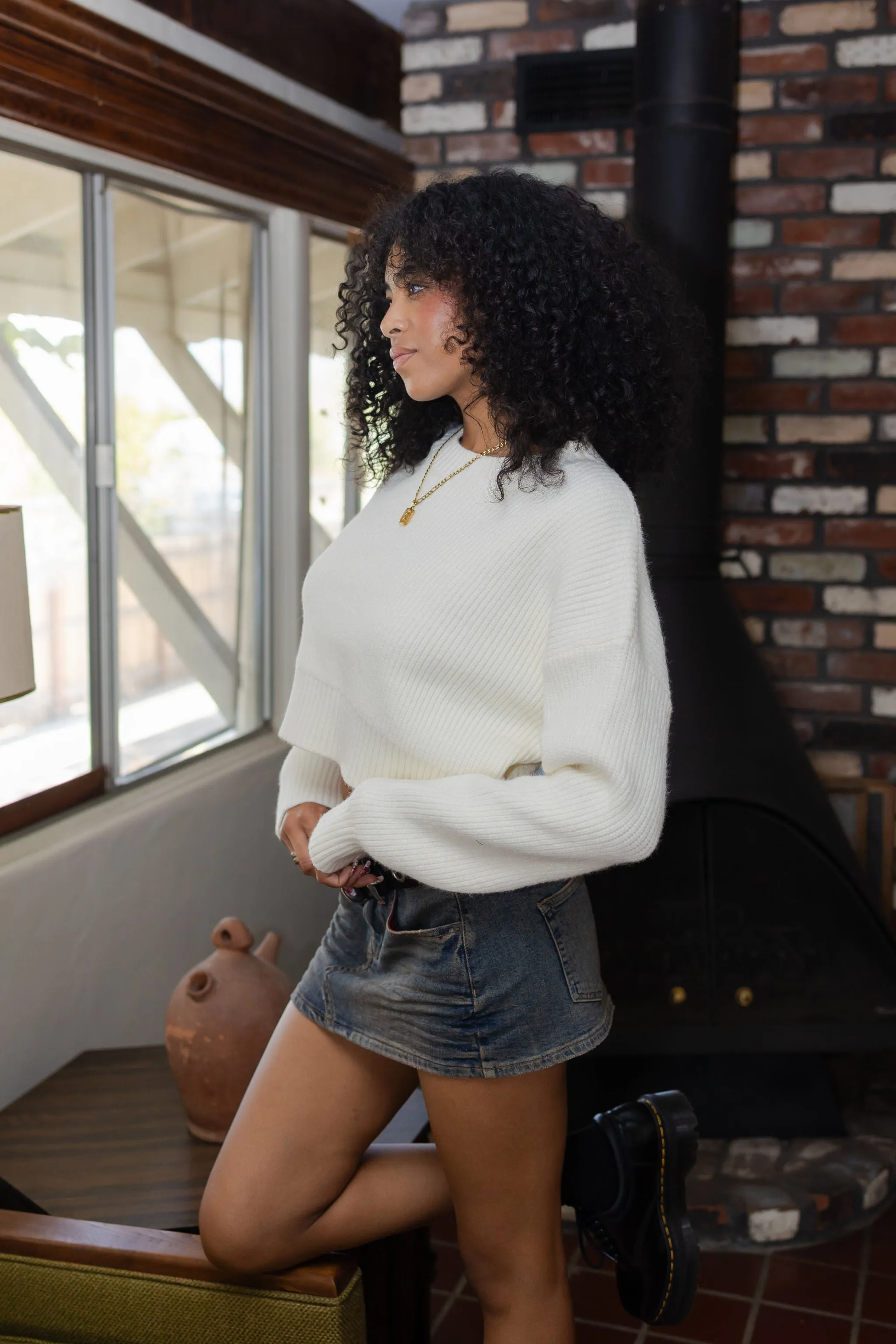 Cropped Crew Neck Knit Sweater