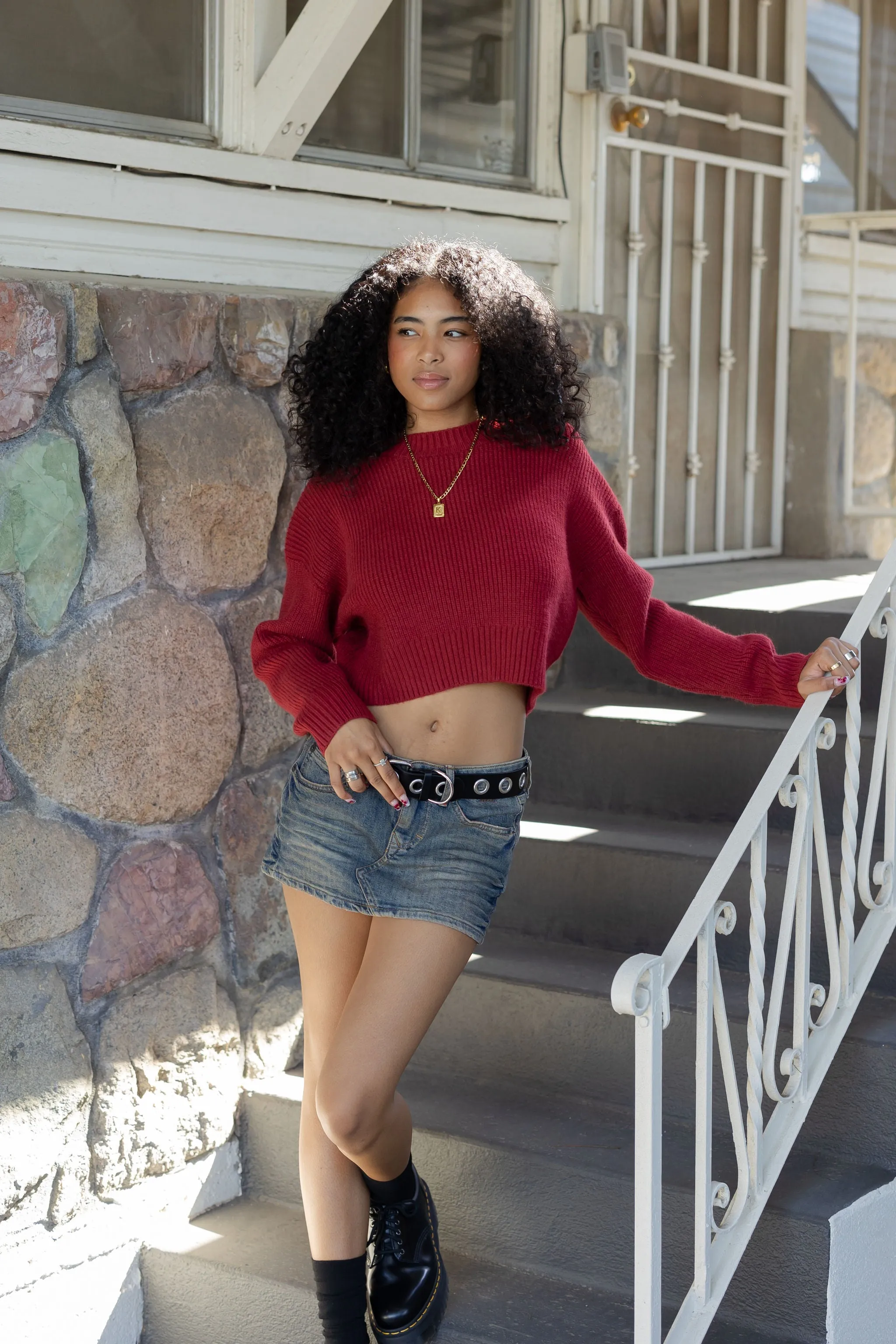 Cropped Crew Neck Knit Sweater