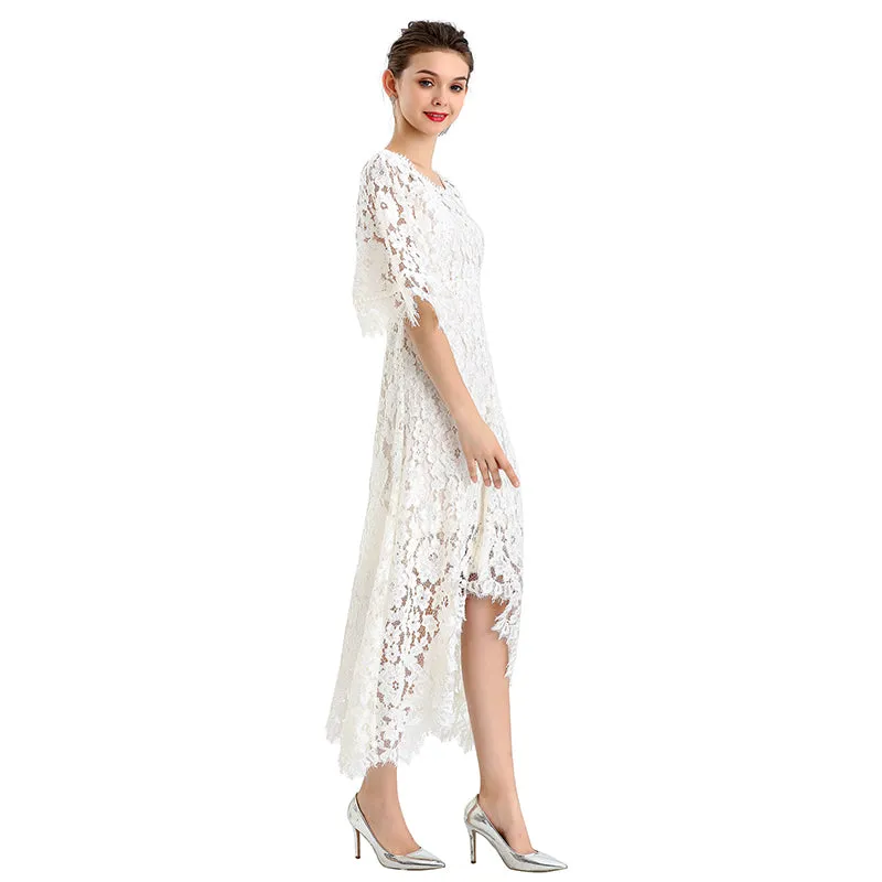 D078-4 Women peony lace cape sleeve flared asymmetric hem midi evening dress