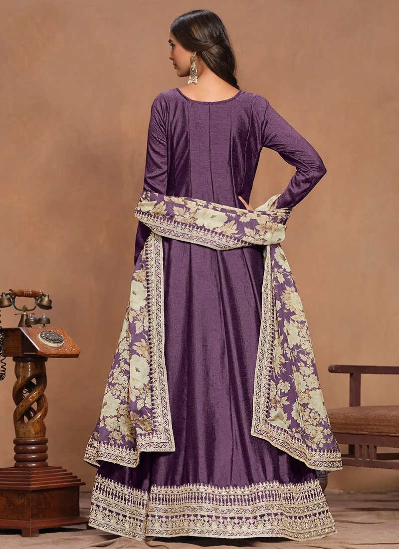 Deep Purple Embroidery Silk Anarkali Suit