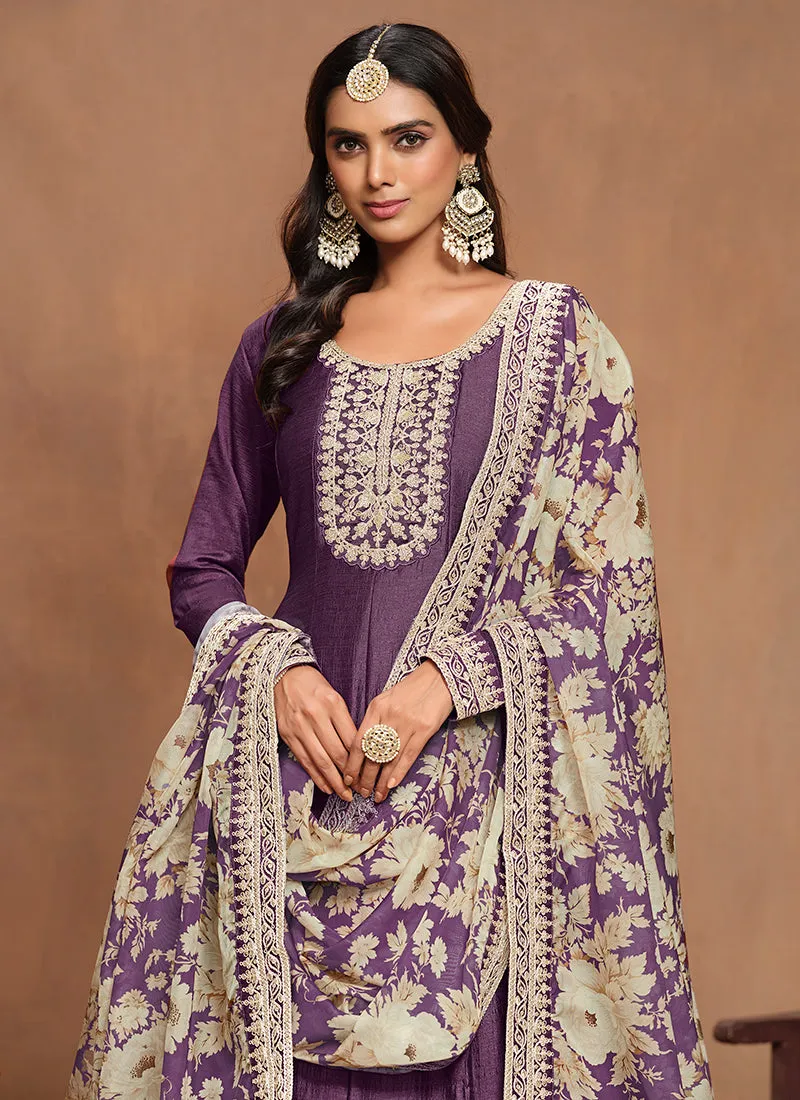 Deep Purple Embroidery Silk Anarkali Suit