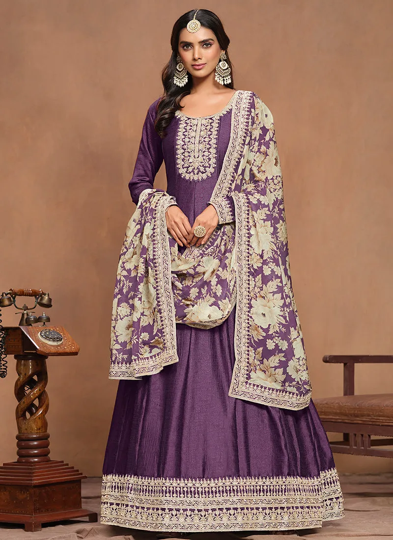 Deep Purple Embroidery Silk Anarkali Suit