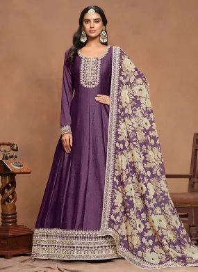 Deep Purple Embroidery Silk Anarkali Suit