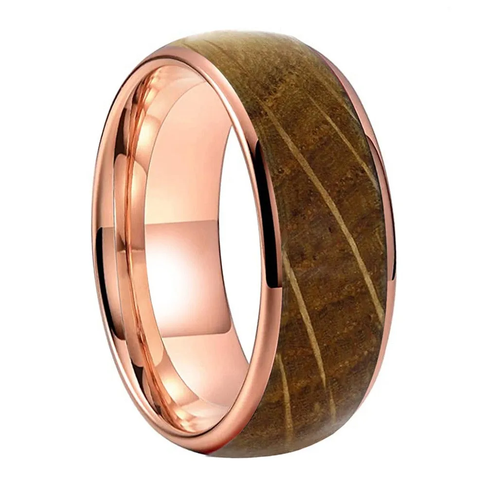 Dome Rose Gold & Whiskey Oak Barrel Tungsten Ring (8mm)