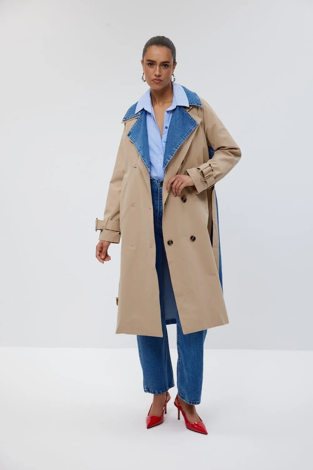 Double Breasted Denim Detailed Beige Women's Trench Coat