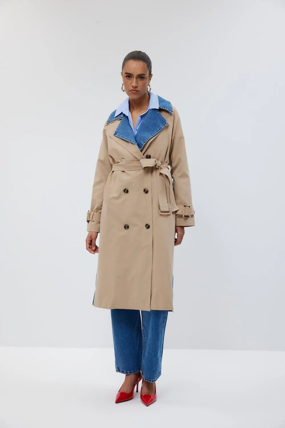 Double Breasted Denim Detailed Beige Women's Trench Coat