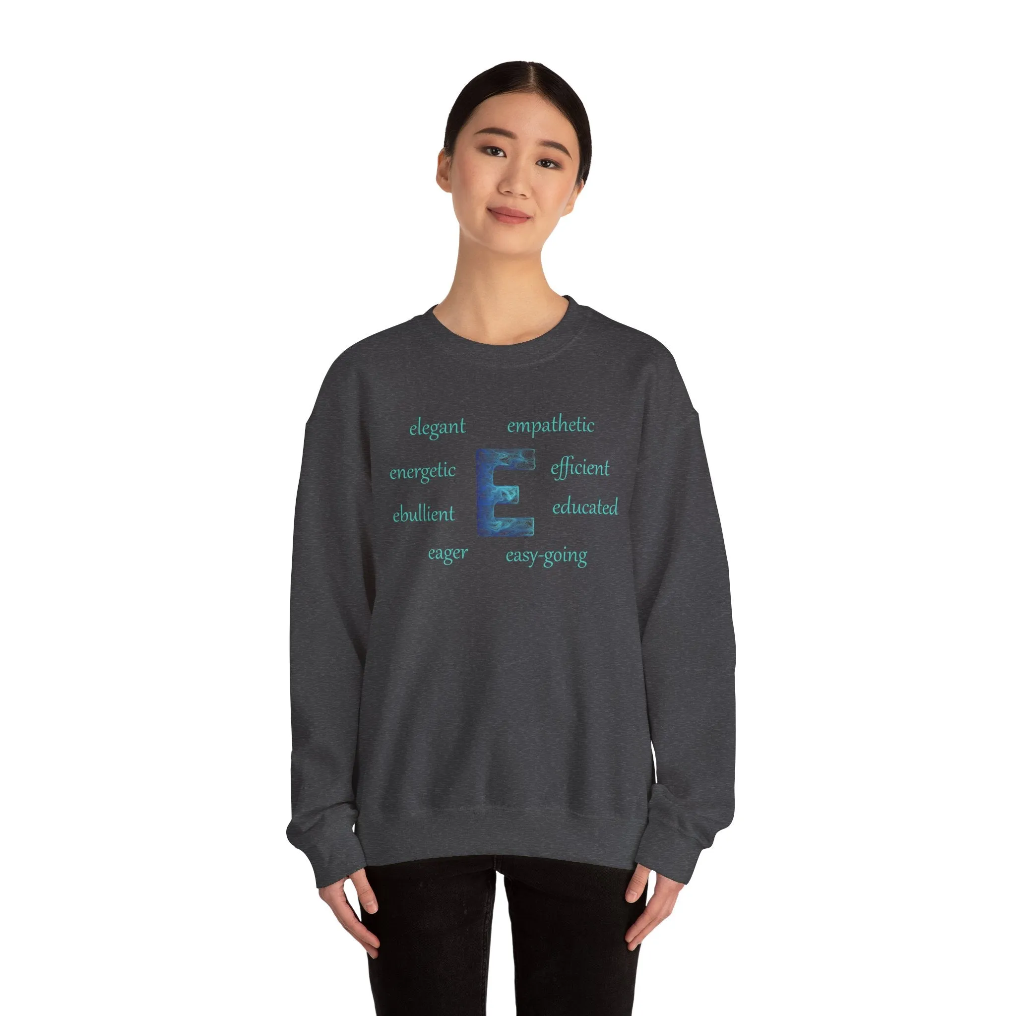 E Alphabet Sweatshirt, Alphabet Initial "E" Unisex Heavy Blend™ Mental Health, Motivational, Optimistic Crewneck Sweatshirt, Self-affirming Sweatshirt