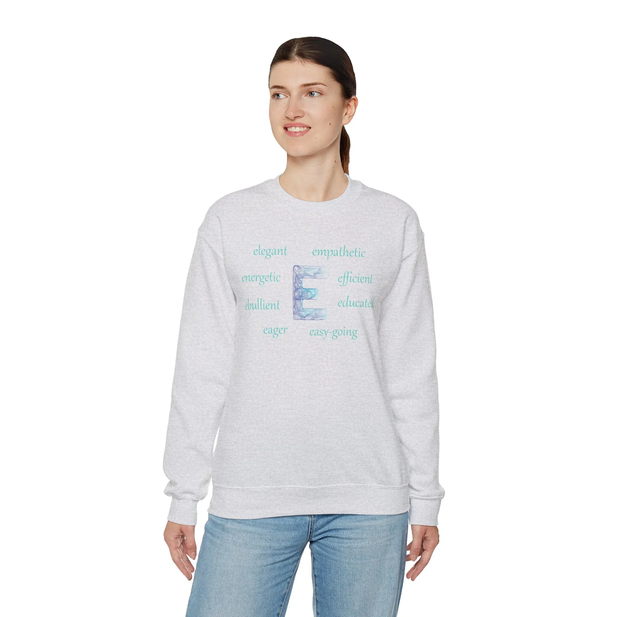 E Alphabet Sweatshirt, Alphabet Initial "E" Unisex Heavy Blend™ Mental Health, Motivational, Optimistic Crewneck Sweatshirt, Self-affirming Sweatshirt