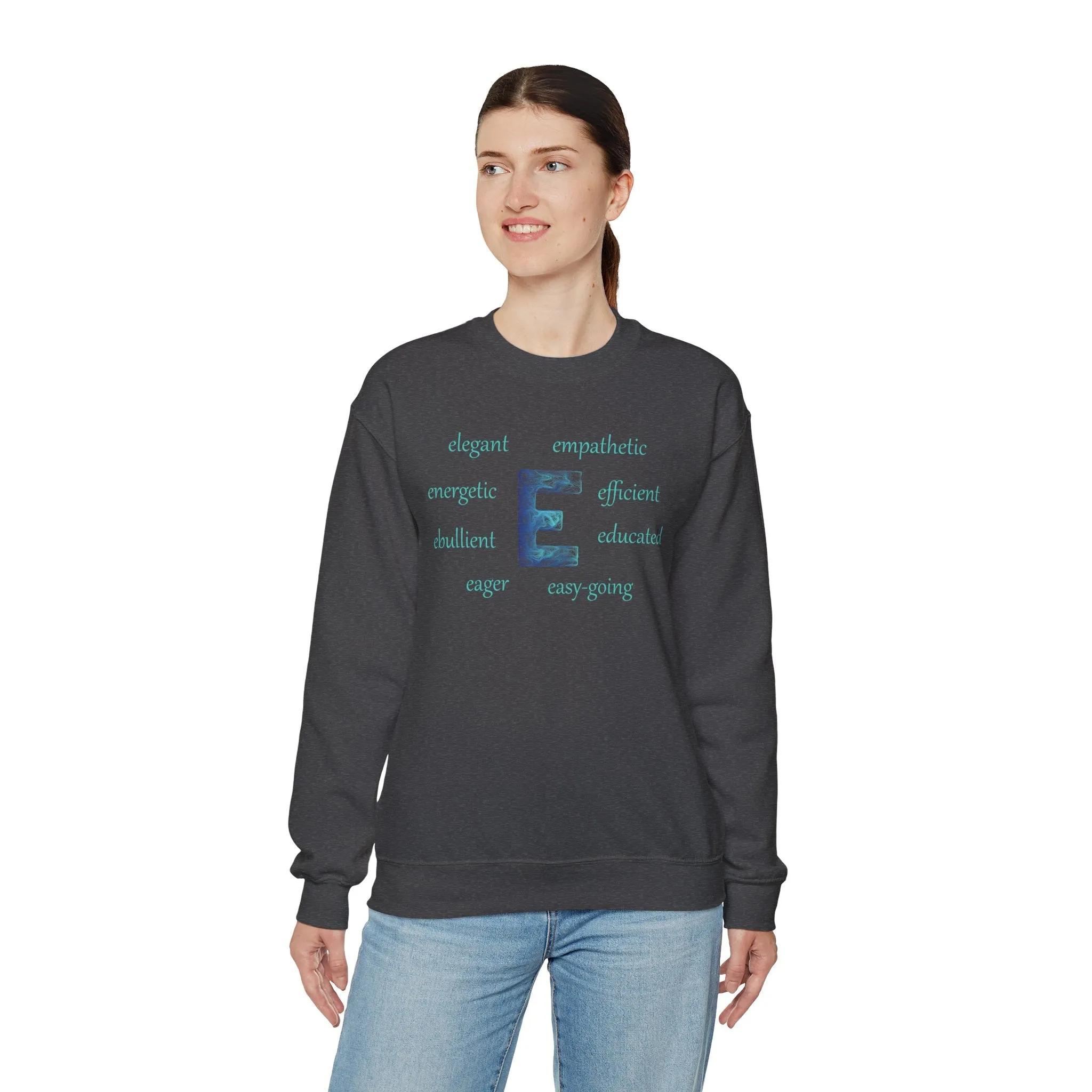 E Alphabet Sweatshirt, Alphabet Initial "E" Unisex Heavy Blend™ Mental Health, Motivational, Optimistic Crewneck Sweatshirt, Self-affirming Sweatshirt