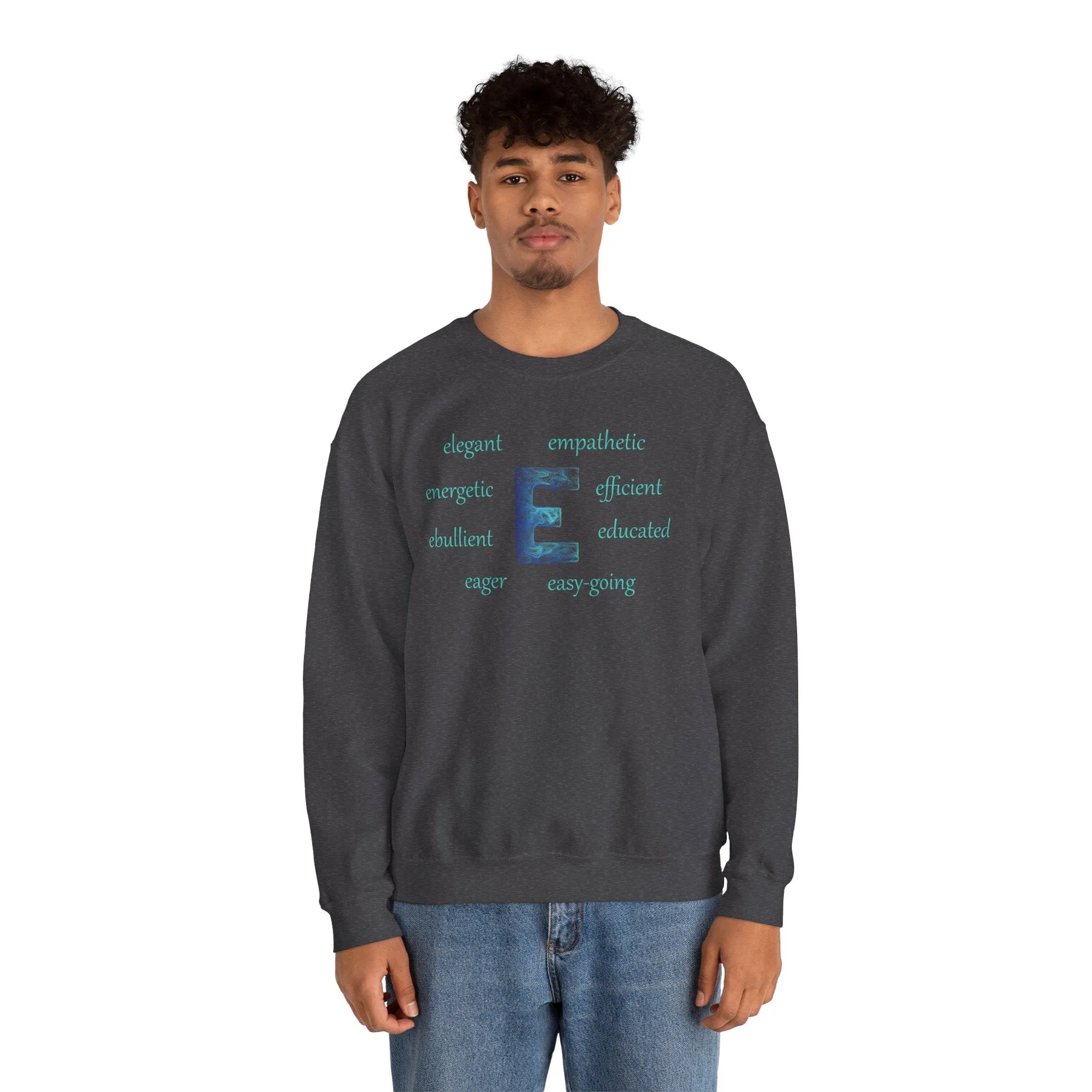 E Alphabet Sweatshirt, Alphabet Initial "E" Unisex Heavy Blend™ Mental Health, Motivational, Optimistic Crewneck Sweatshirt, Self-affirming Sweatshirt