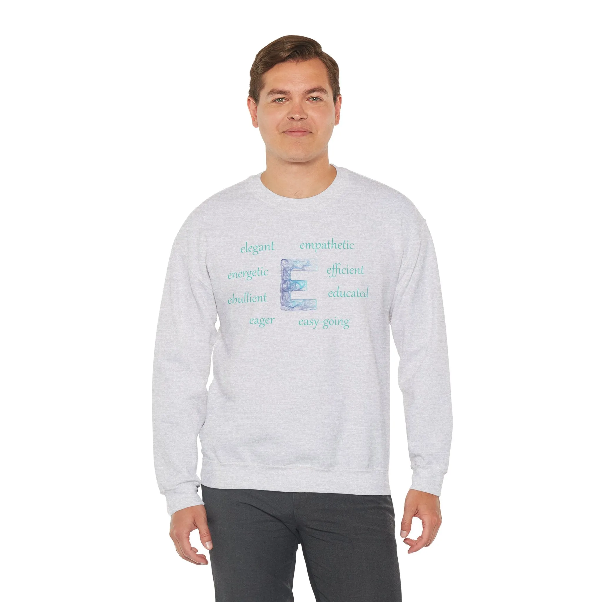 E Alphabet Sweatshirt, Alphabet Initial "E" Unisex Heavy Blend™ Mental Health, Motivational, Optimistic Crewneck Sweatshirt, Self-affirming Sweatshirt