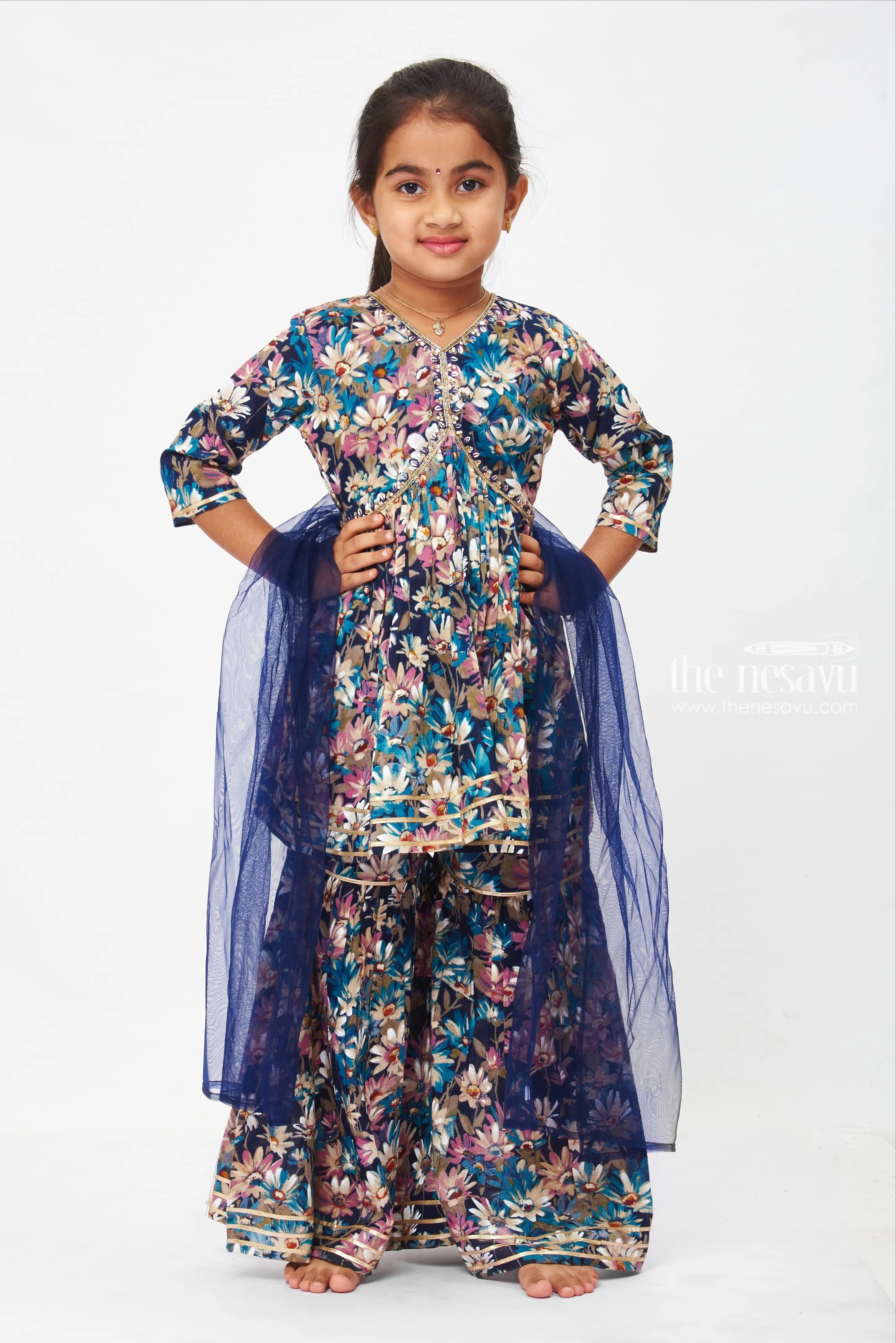 Elegant Floral Kurti with Gharara Pant and Dupatta Set for Girls