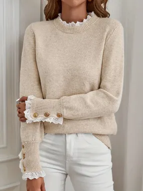 Elegant Lace-Trimmed Crew Neck Sweater for Women - Long Sleeve, Slimming Knit Pullover