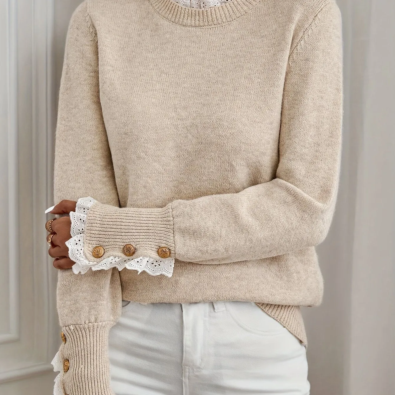 Elegant Lace-Trimmed Crew Neck Sweater for Women - Long Sleeve, Slimming Knit Pullover