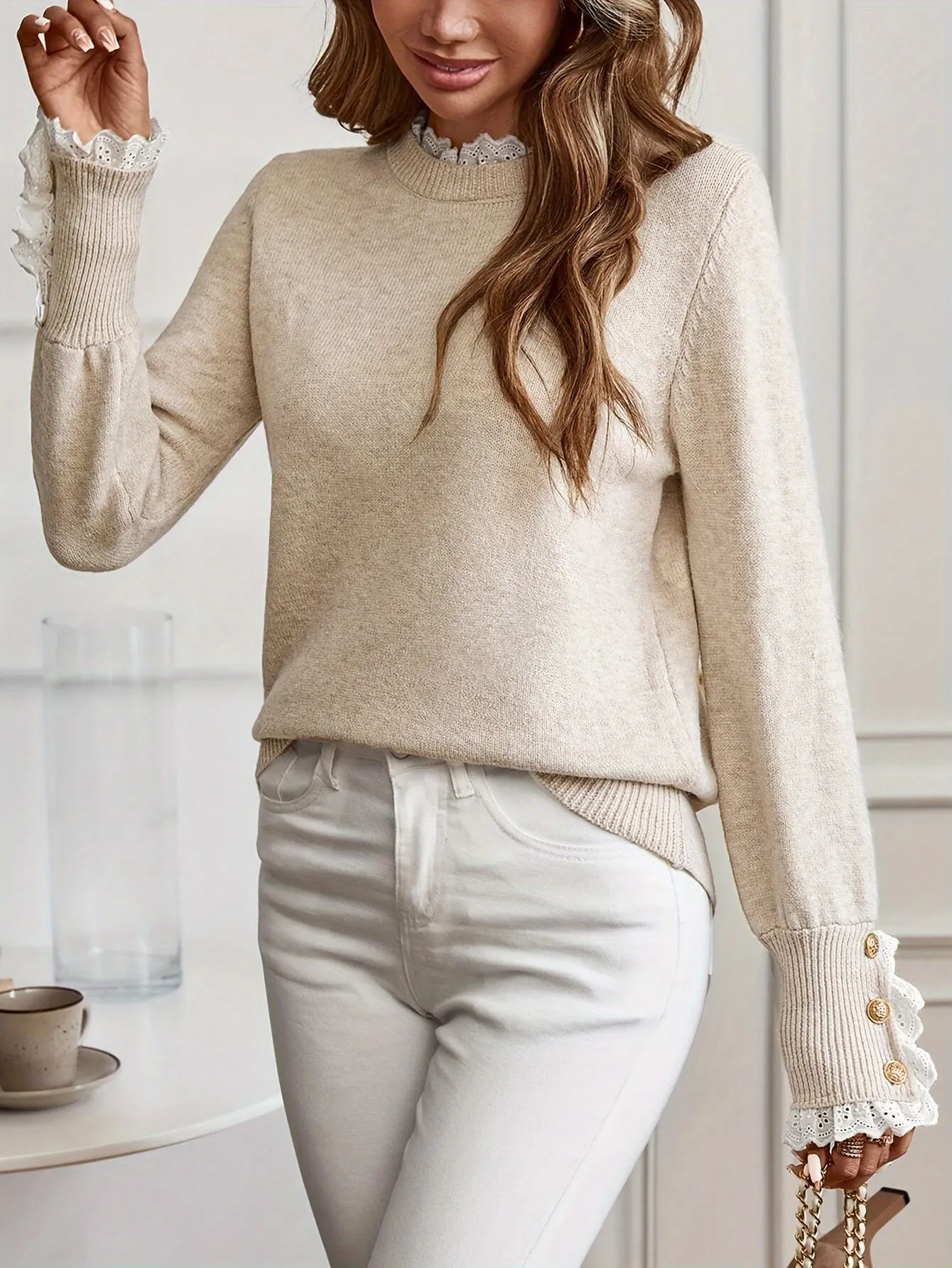 Elegant Lace-Trimmed Crew Neck Sweater for Women - Long Sleeve, Slimming Knit Pullover