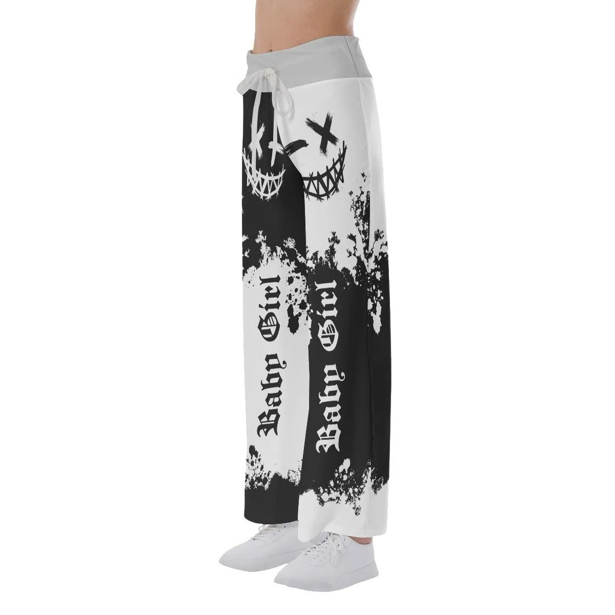 Face Smile Half White Black High-waisted Wide Leg Pants