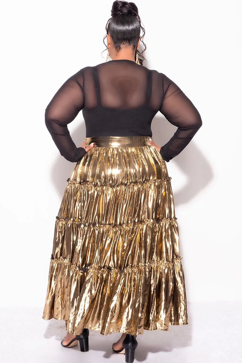 Final Sale Plus Size Maxi Tiered Skirt in Metallic Gold