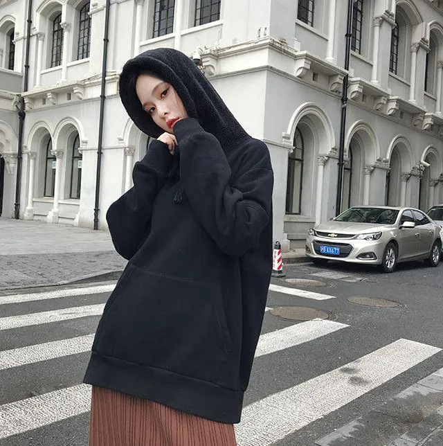 Fluffy Fur Hood Solid Color Oversized Sweatshirt