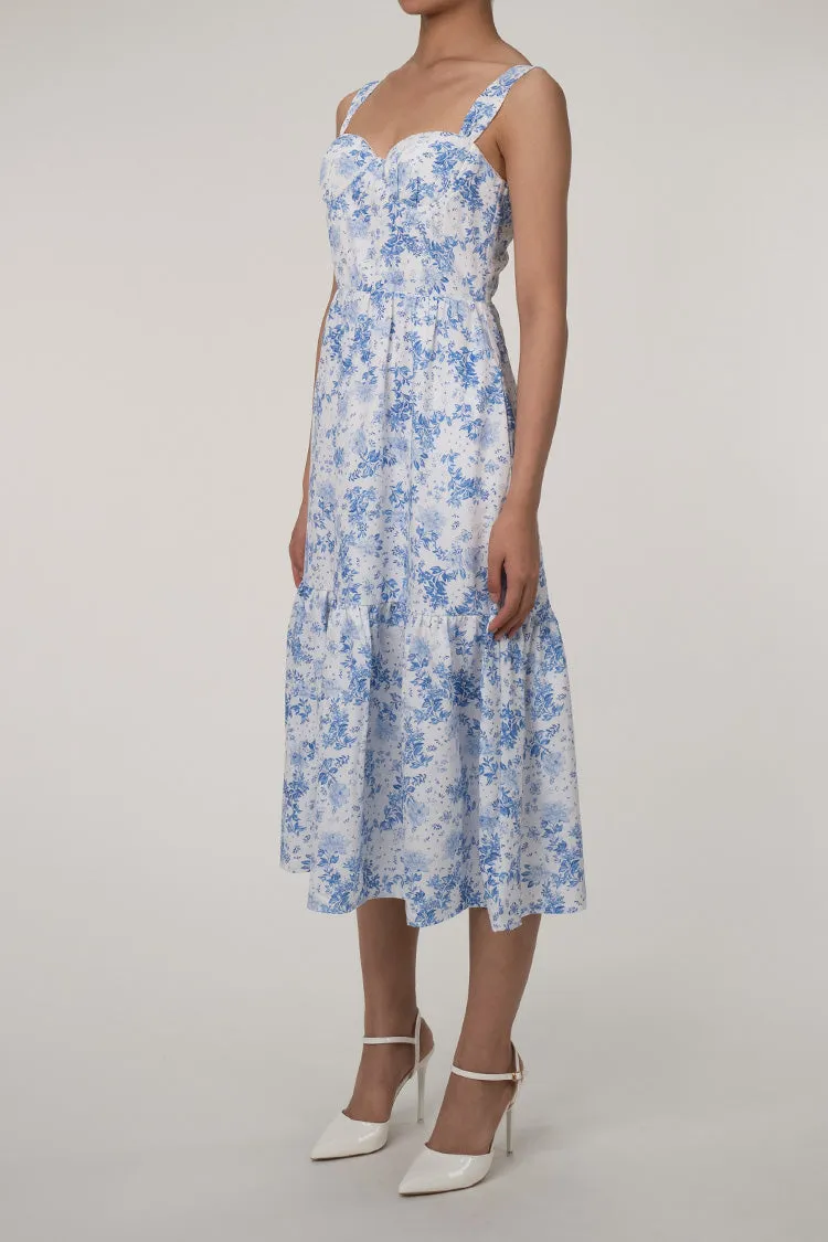 French Sweetheart Fit and Flare Ruffle Floral Printed Midi Sundress - Blue