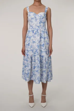 French Sweetheart Fit and Flare Ruffle Floral Printed Midi Sundress - Blue