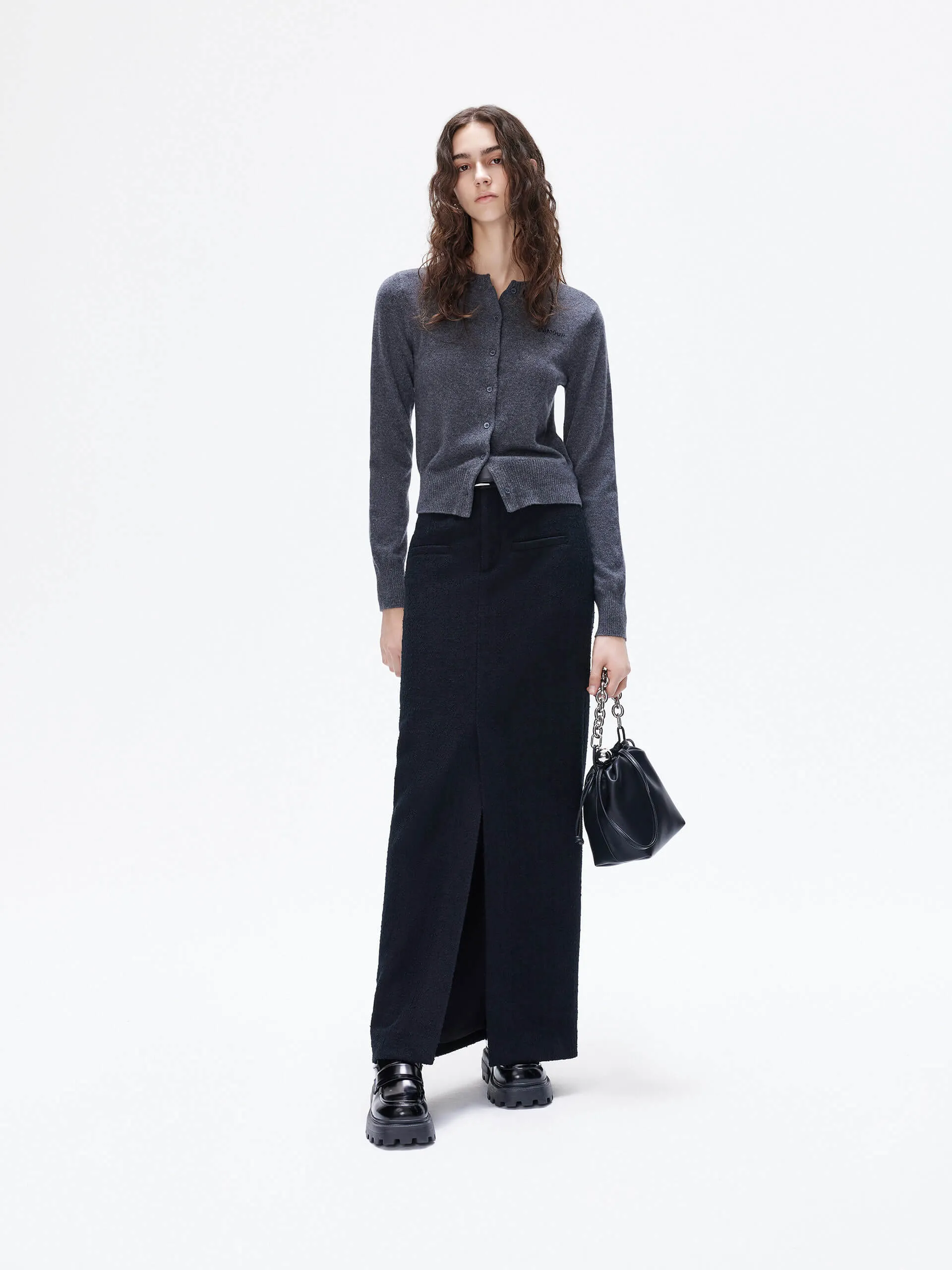 Front Slit Wool Blend Skirt